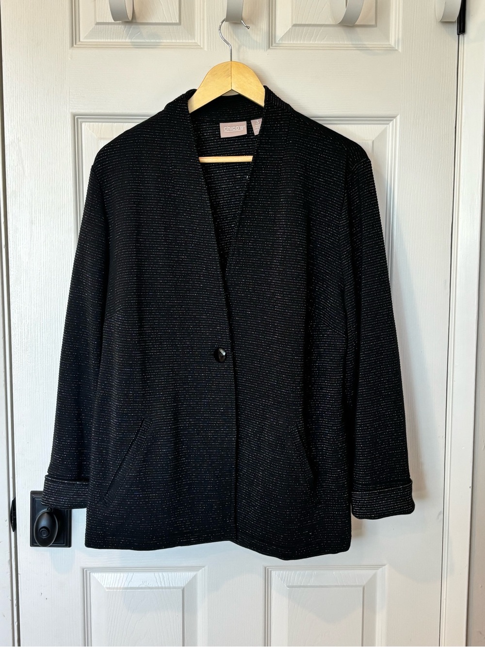Chico's Black Single-Button Sparkle Open Blazer